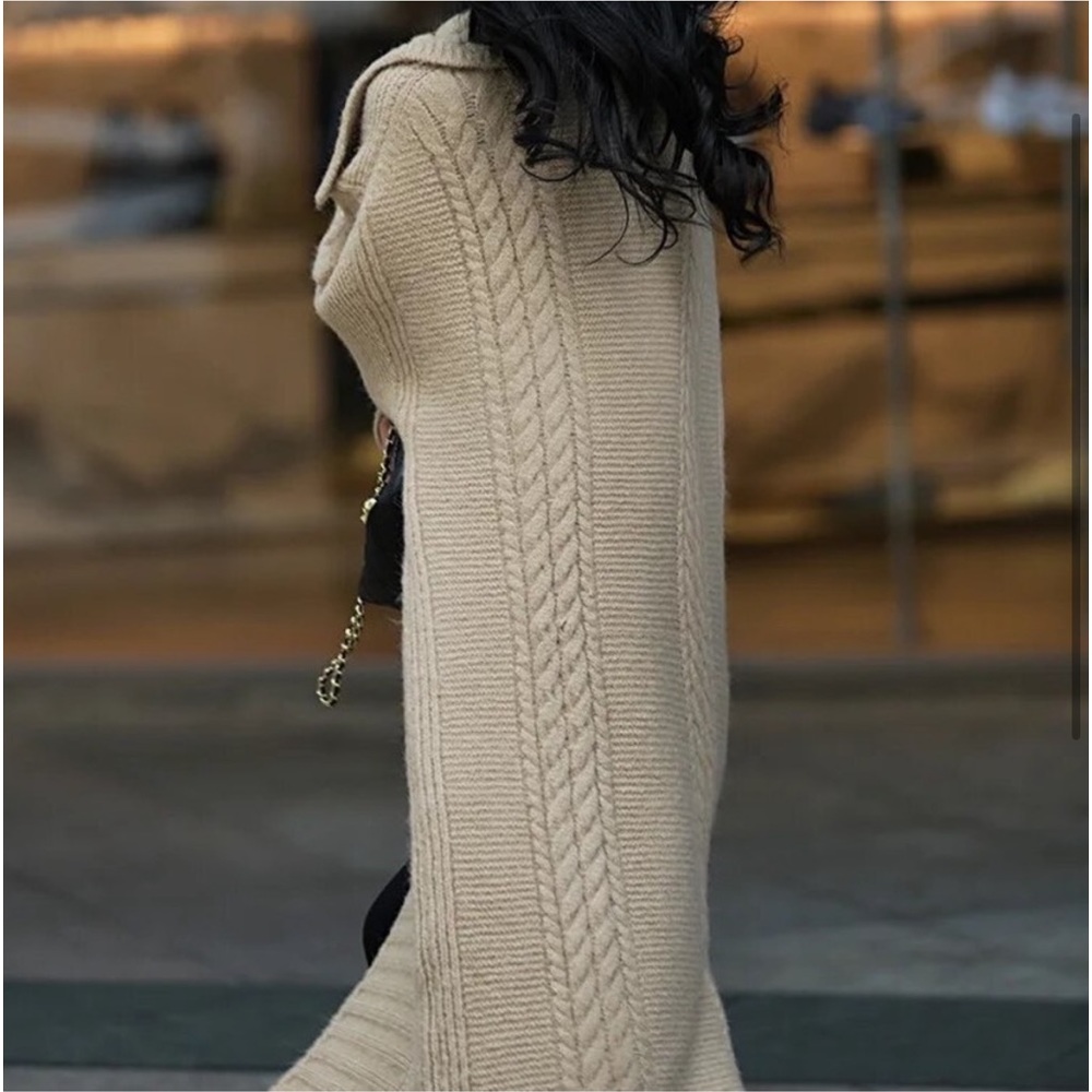 148. Maxi COST 🛑oversized Tan beige Cardigan Sweater Chunky Long Cable Duster - Picture 5 of 12